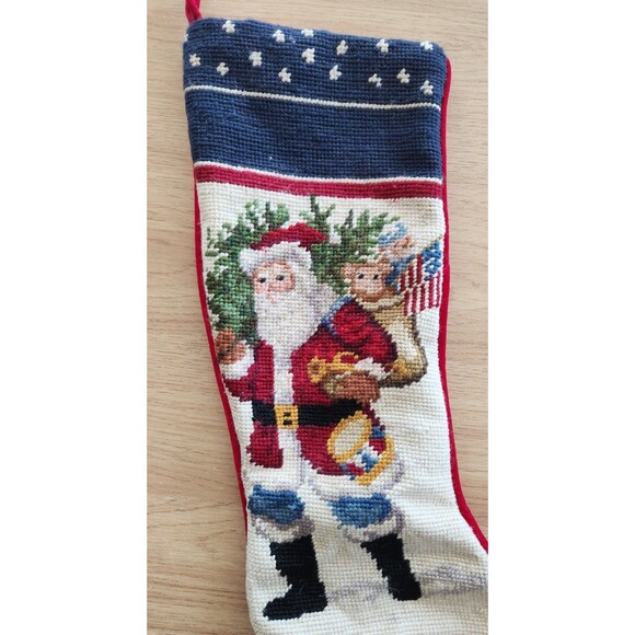 Vintage Wool Needlepoint Patriotic Santa 19" Christmas Stocking - Picture 2 of 5